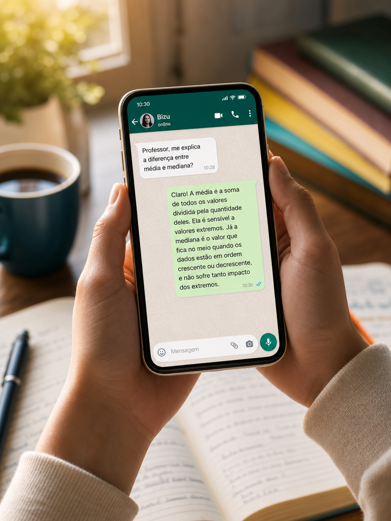 Estudante conversando com o Bizu no WhatsApp para estudar para concurso